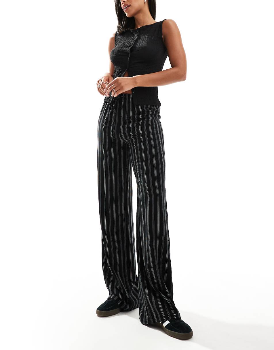 Pull&Bear striped wide leg pants in black