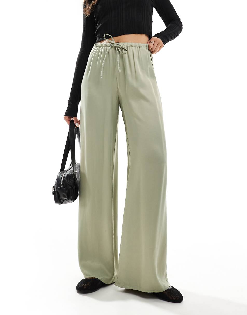 Pull&Bear satin wide leg pants in khaki