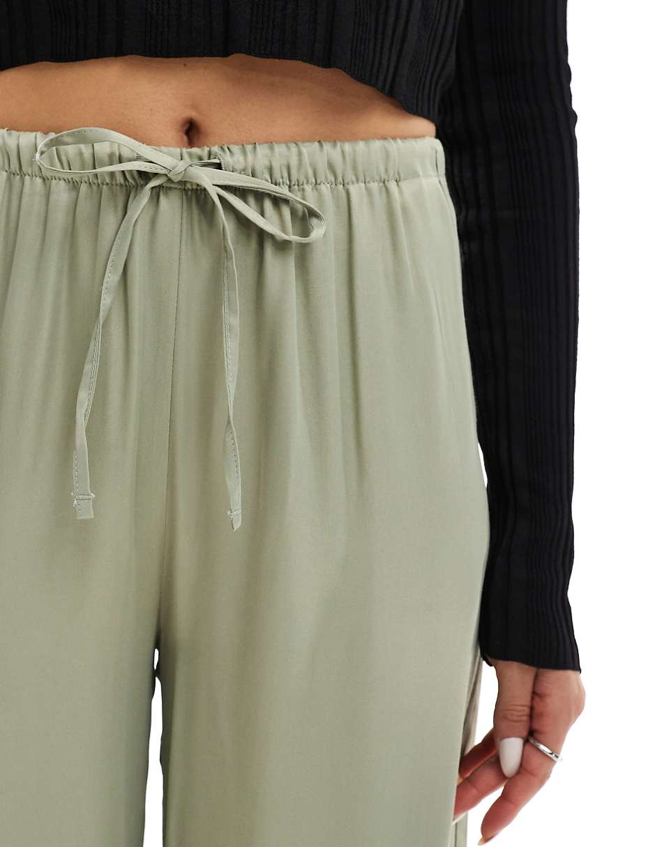 Pull&Bear satin wide leg pants in khaki