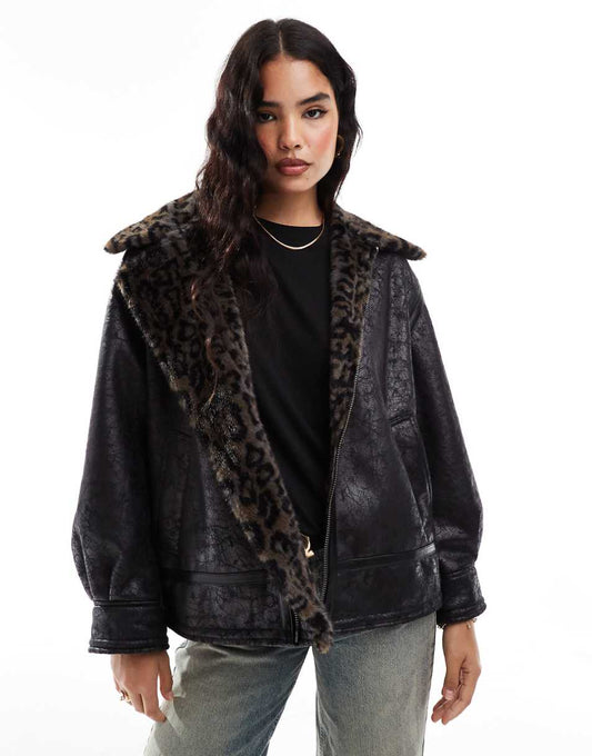 Stradivarius STR distressed aviator jacket with leopard print detail in black