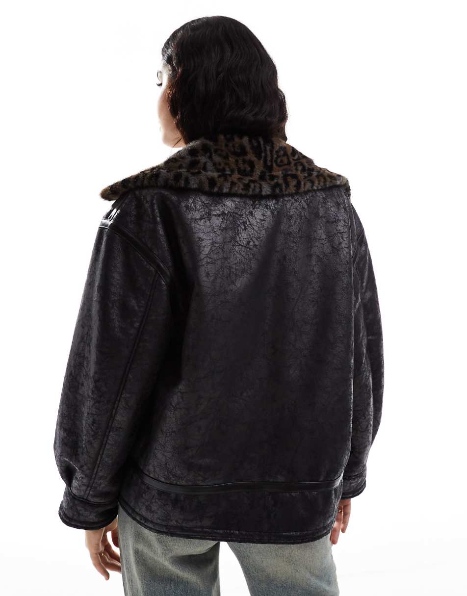 Stradivarius STR distressed aviator jacket with leopard print detail in black