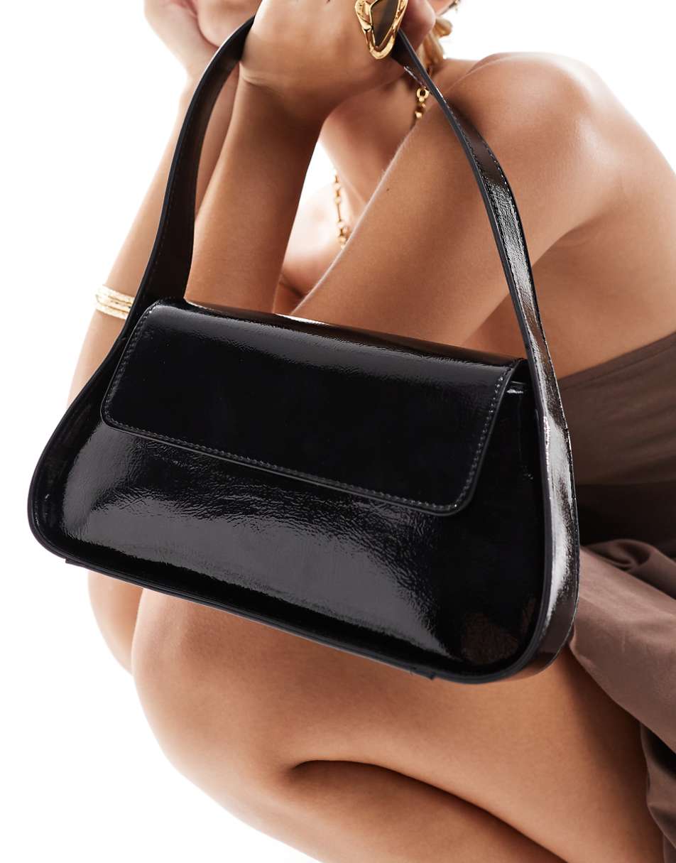 Pull&Bear patent shoulder bag with flap detail in black