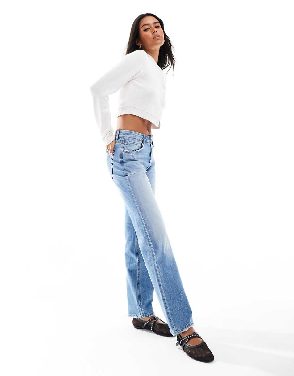 Stradivarius low waist straight leg jeans in light wash blue