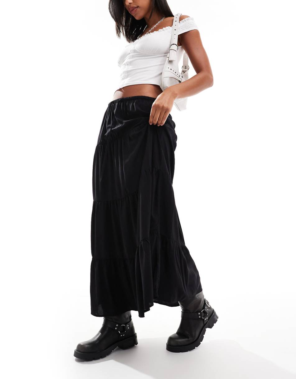 Bershka tiered maxi skirt in black