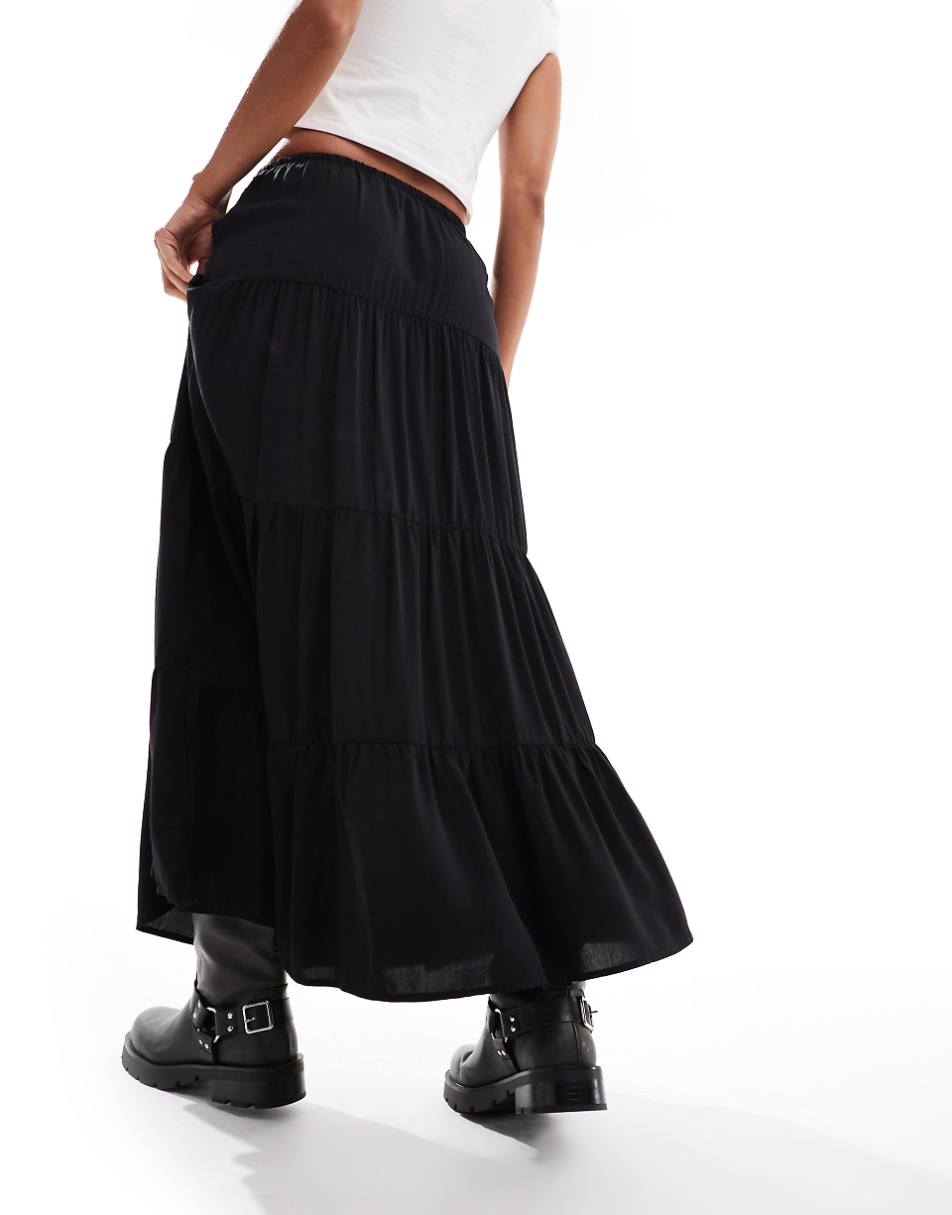 Bershka tiered maxi skirt in black