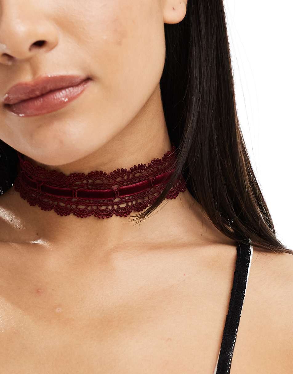 ASOS DESIGN Halloween choker necklace with lace and velvet detail in burgundy