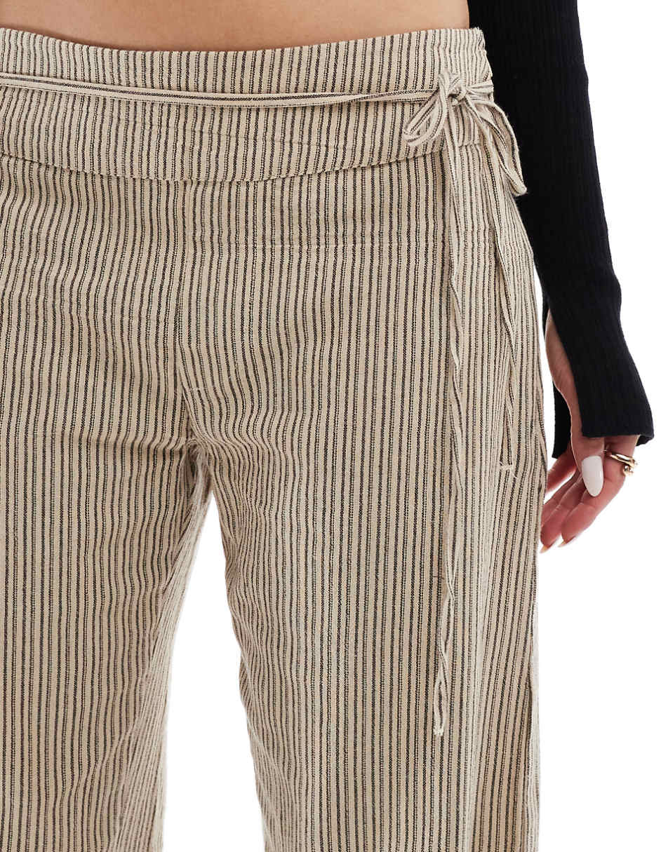 Pull&Bear tie detail waist pants in sand stripe