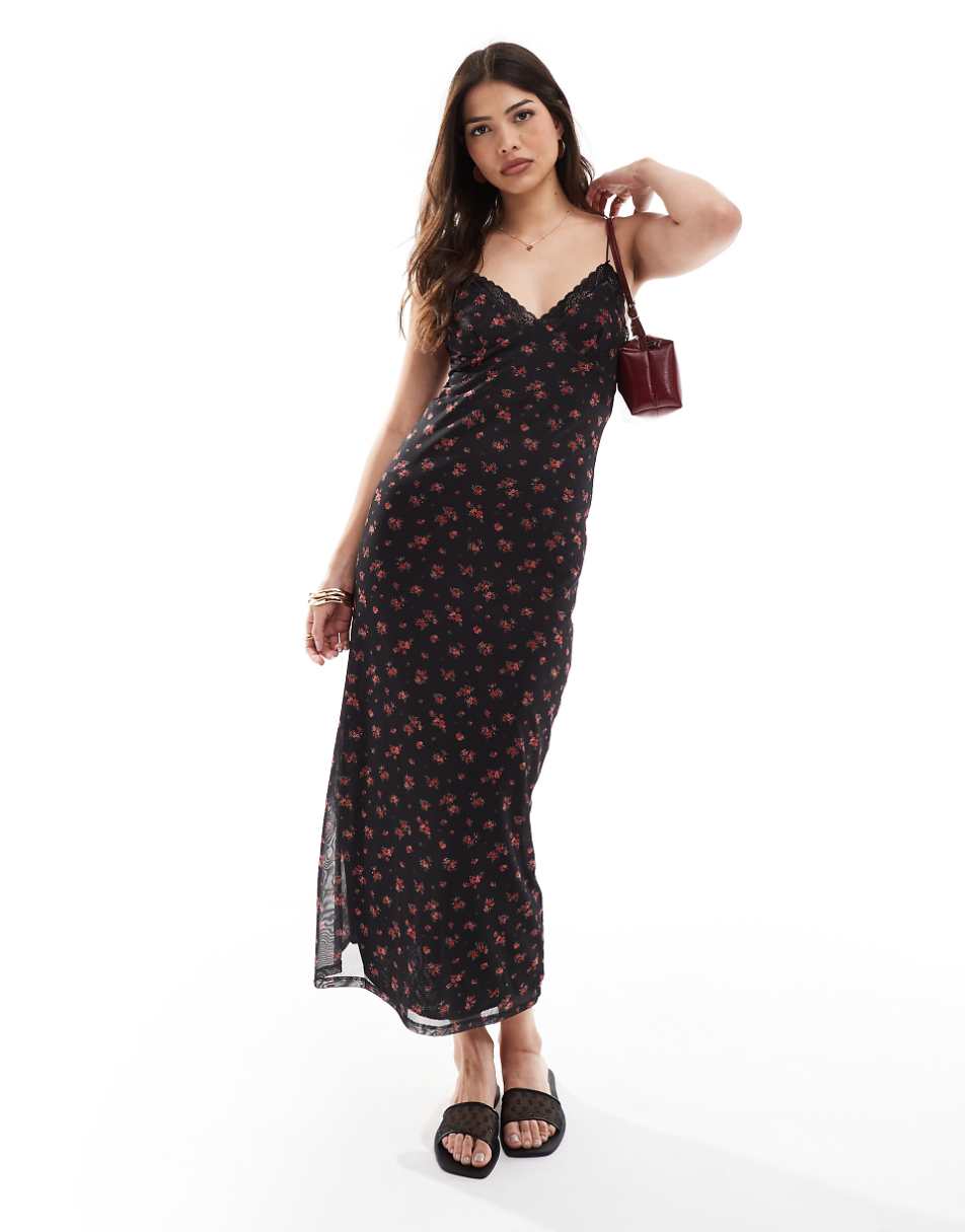 Pull&Bear strappy back lace trim mesh maxi dress in black floral