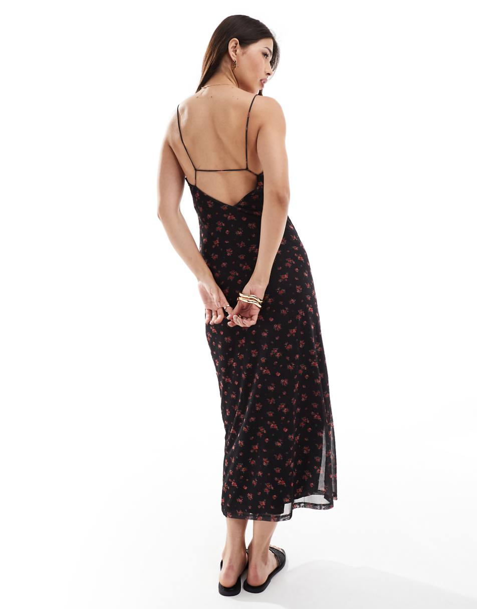 Pull&Bear strappy back lace trim mesh maxi dress in black floral