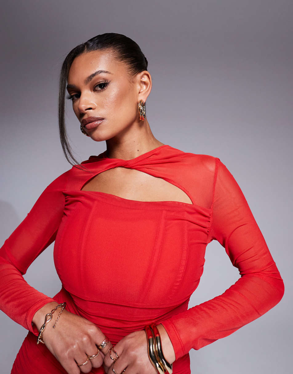 Taideux fuller bust Genevieve asymmetric mesh corset maxi dress with ruching in red