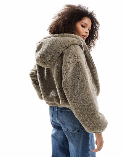 Bershka hooded shearling jacket in sand
