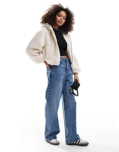 Bershka hooded shearling jacket in ecru
