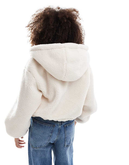 Bershka hooded shearling jacket in ecru