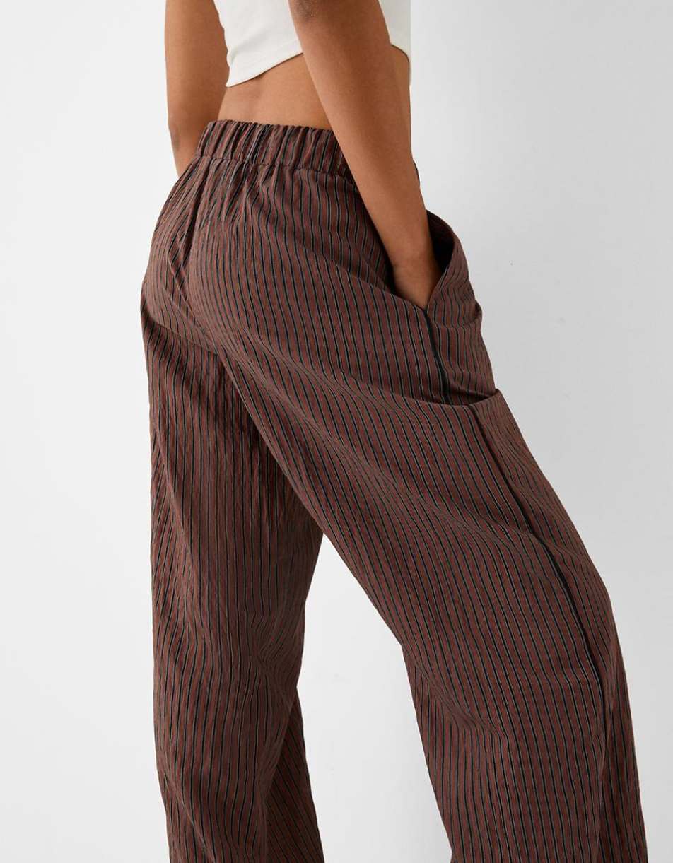 Bershka ribbon drawstring waist wide leg pants in brown & stripe