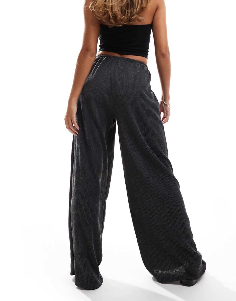 Pull&Bear textured wide leg drawstring pants in charcoal gray