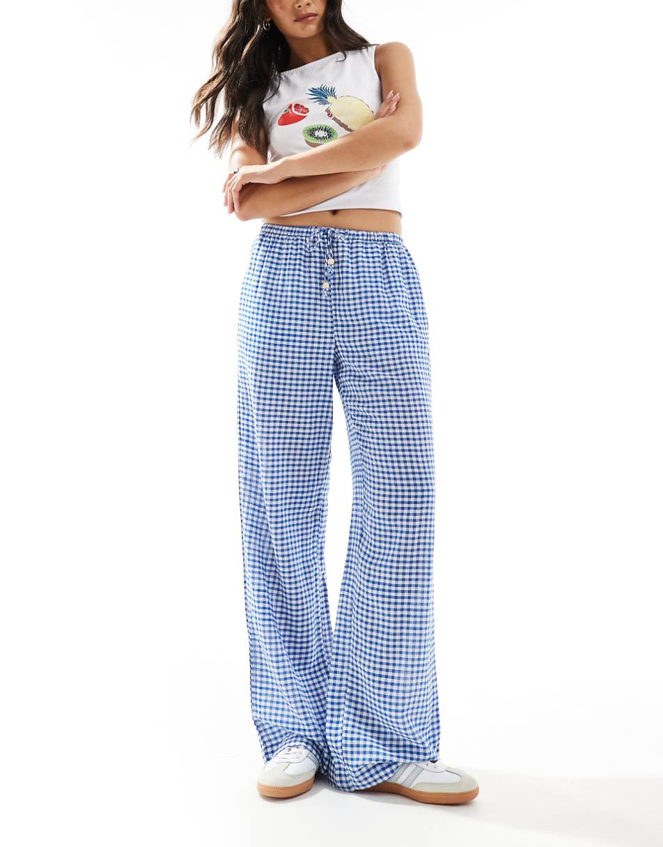 Bershka tie waist wide leg pants in blue gingham