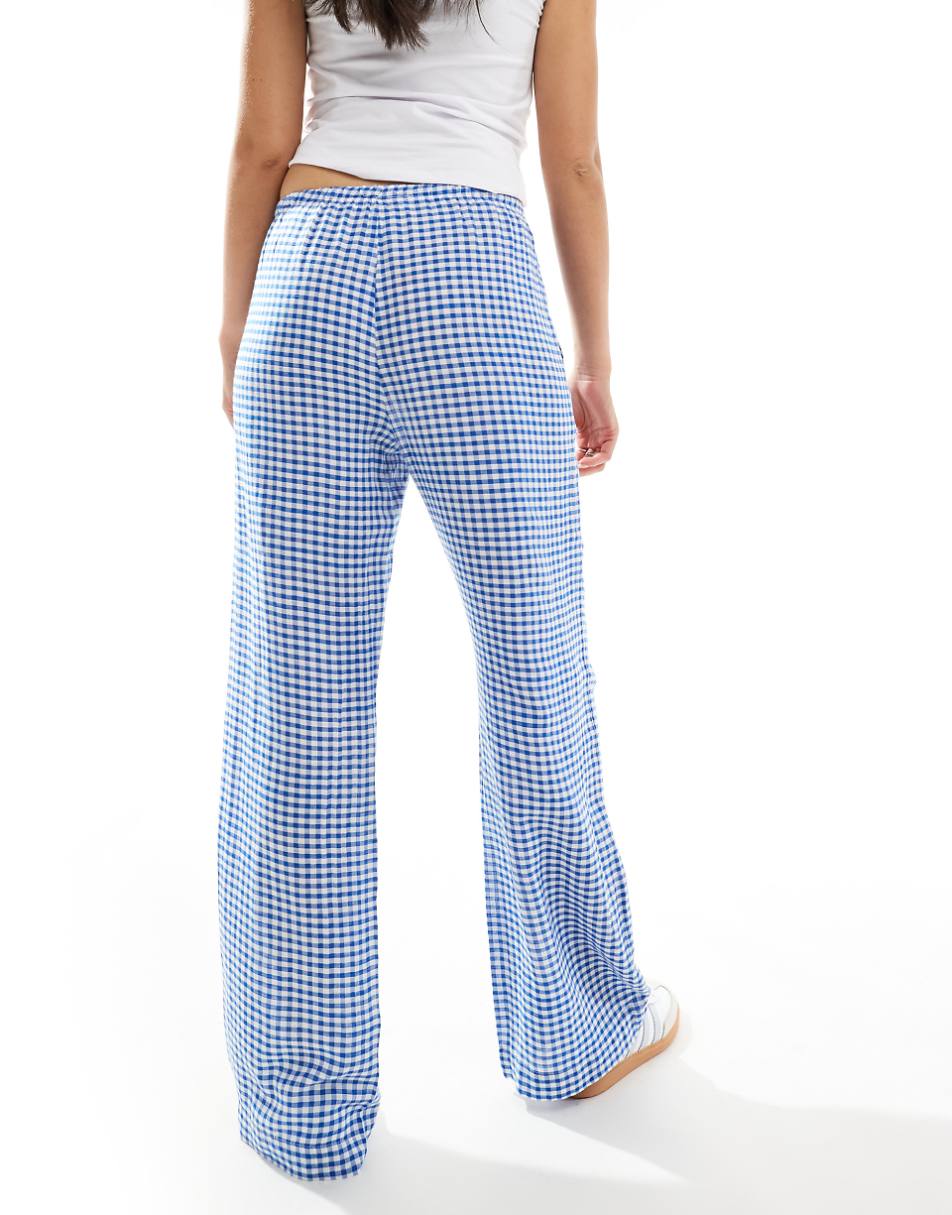 Bershka tie waist wide leg pants in blue gingham