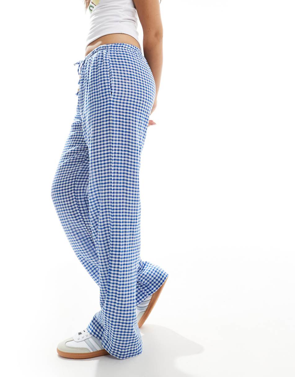 Bershka tie waist wide leg pants in blue gingham