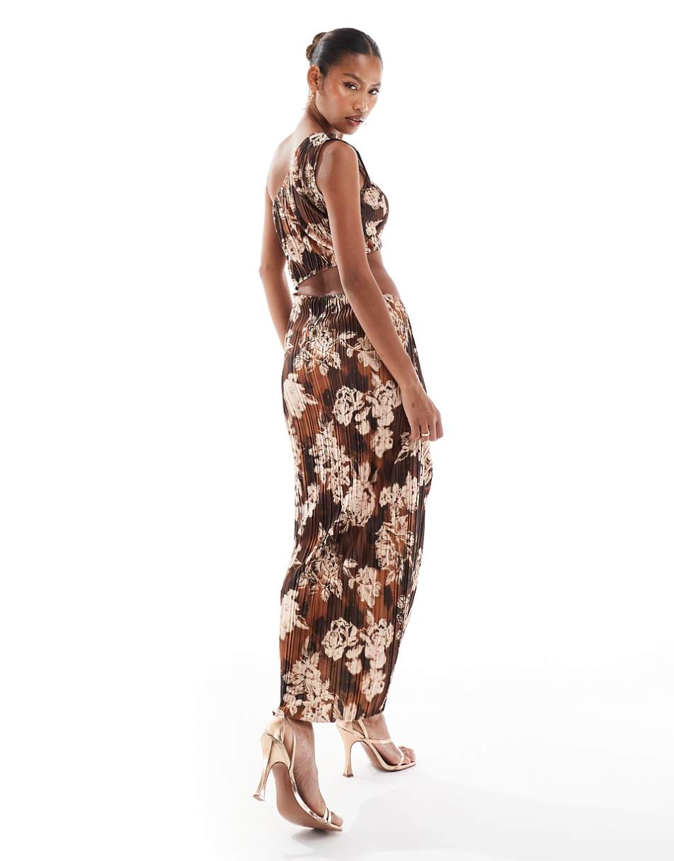 ASOS DESIGN cut-out one-shoulder plisse midi dress in brown floral print