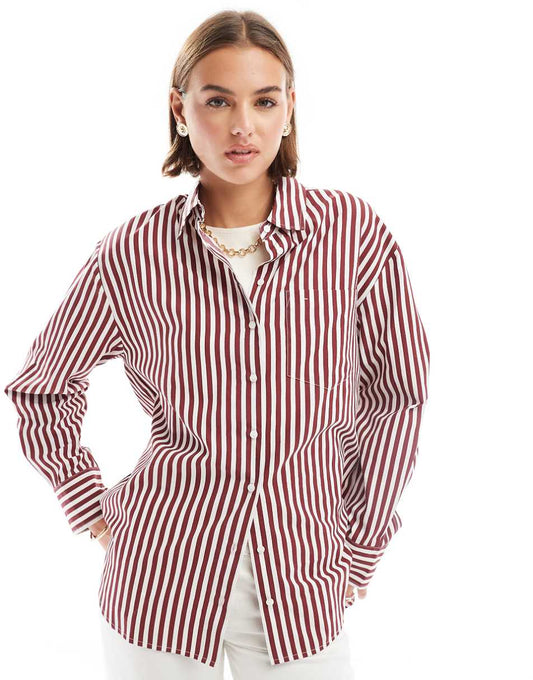 Stradivarius oversized shirt in dark red stripe