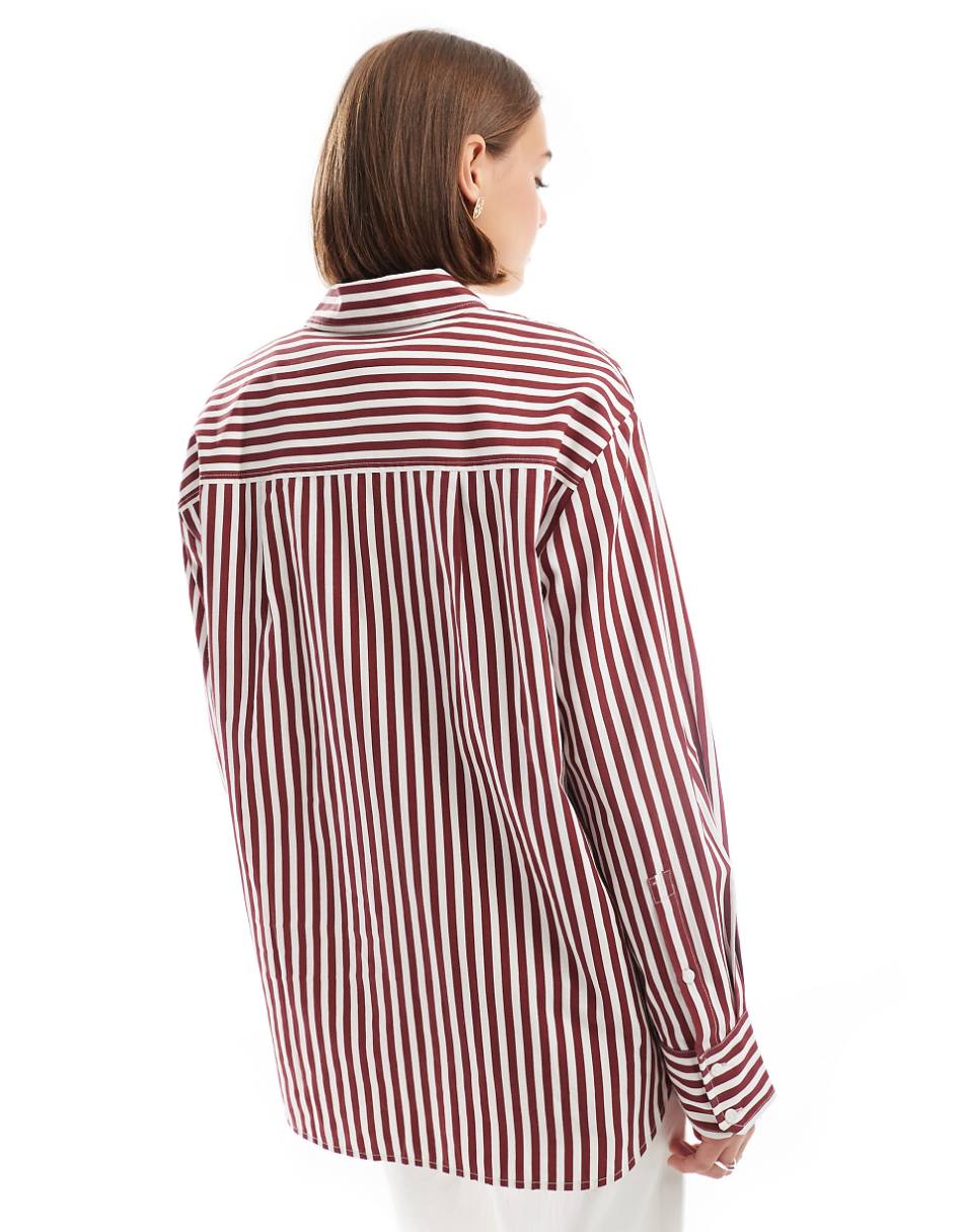 Stradivarius oversized shirt in dark red stripe