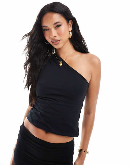 ASOS DESIGN one shoulder knotted back detail top in black