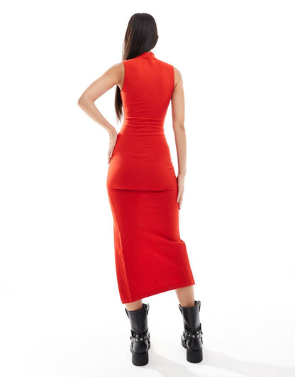 Bershka high neck knit bodycon maxi dress in red