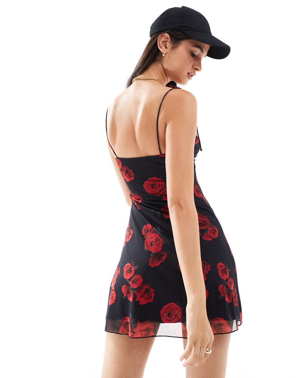 Bershka rose print strappy mini dress in black