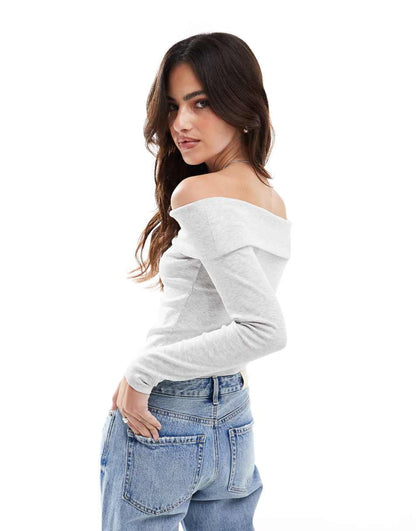 Stradivarius off shoulder long sleeve top in gray