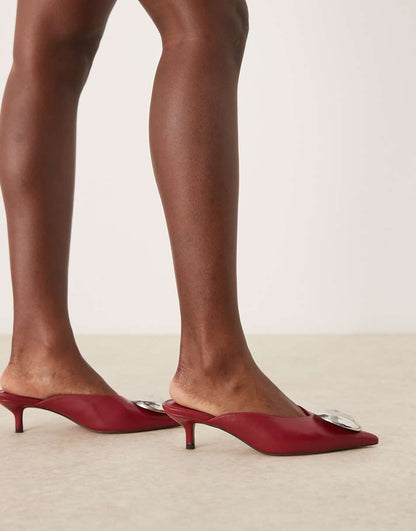 ASOS DESIGN Surprise trim detail mid heeled mules in dark red