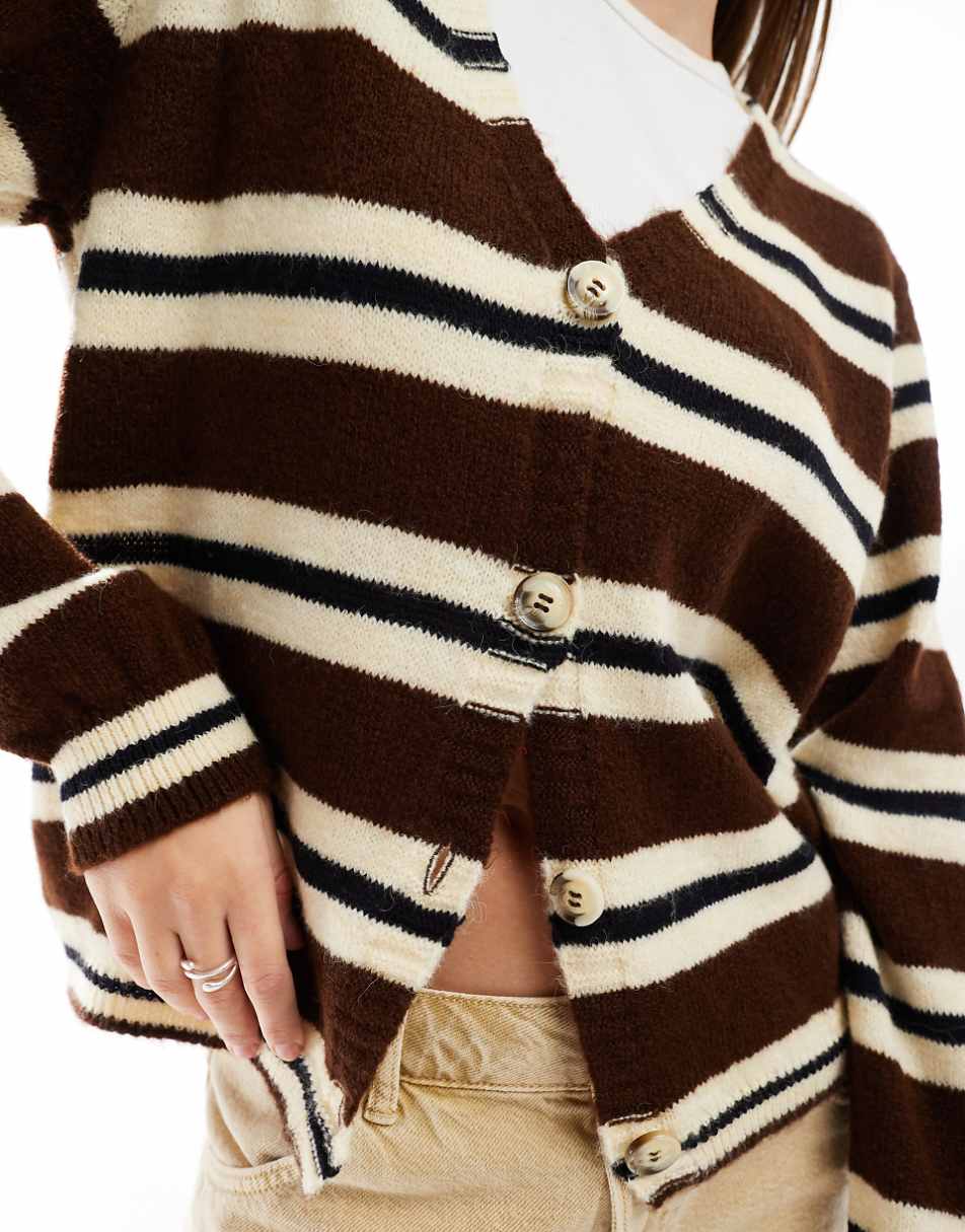 ASOS DESIGN fluffy knit v neck oversized cardigan in brown and blue stripe