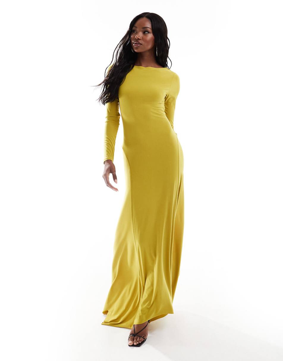 ASOS DESIGN drape back long sleeve maxi dress with godet hem detail in lime