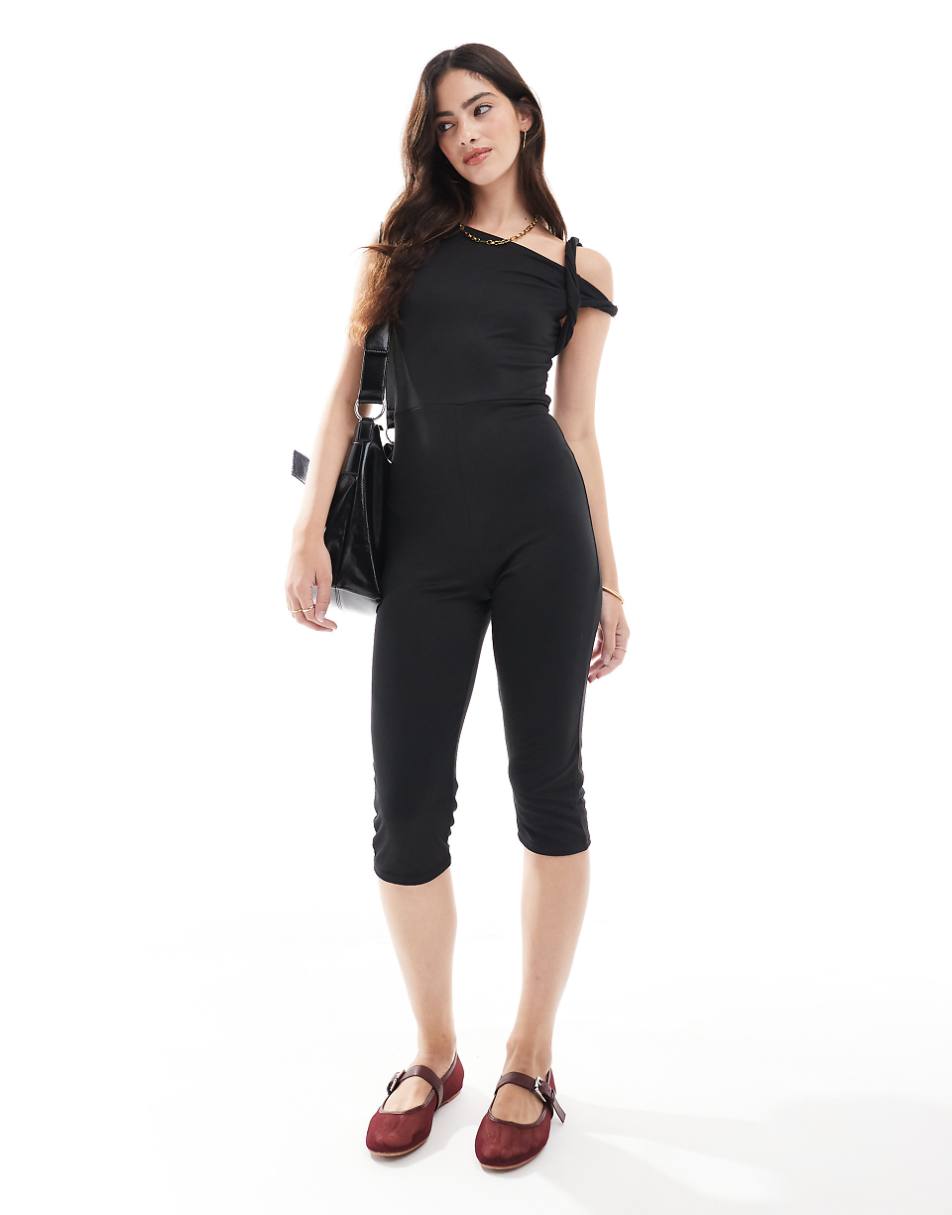 ASOS DESIGN Black Peachskin Twisted Asym Jumpsuit in black