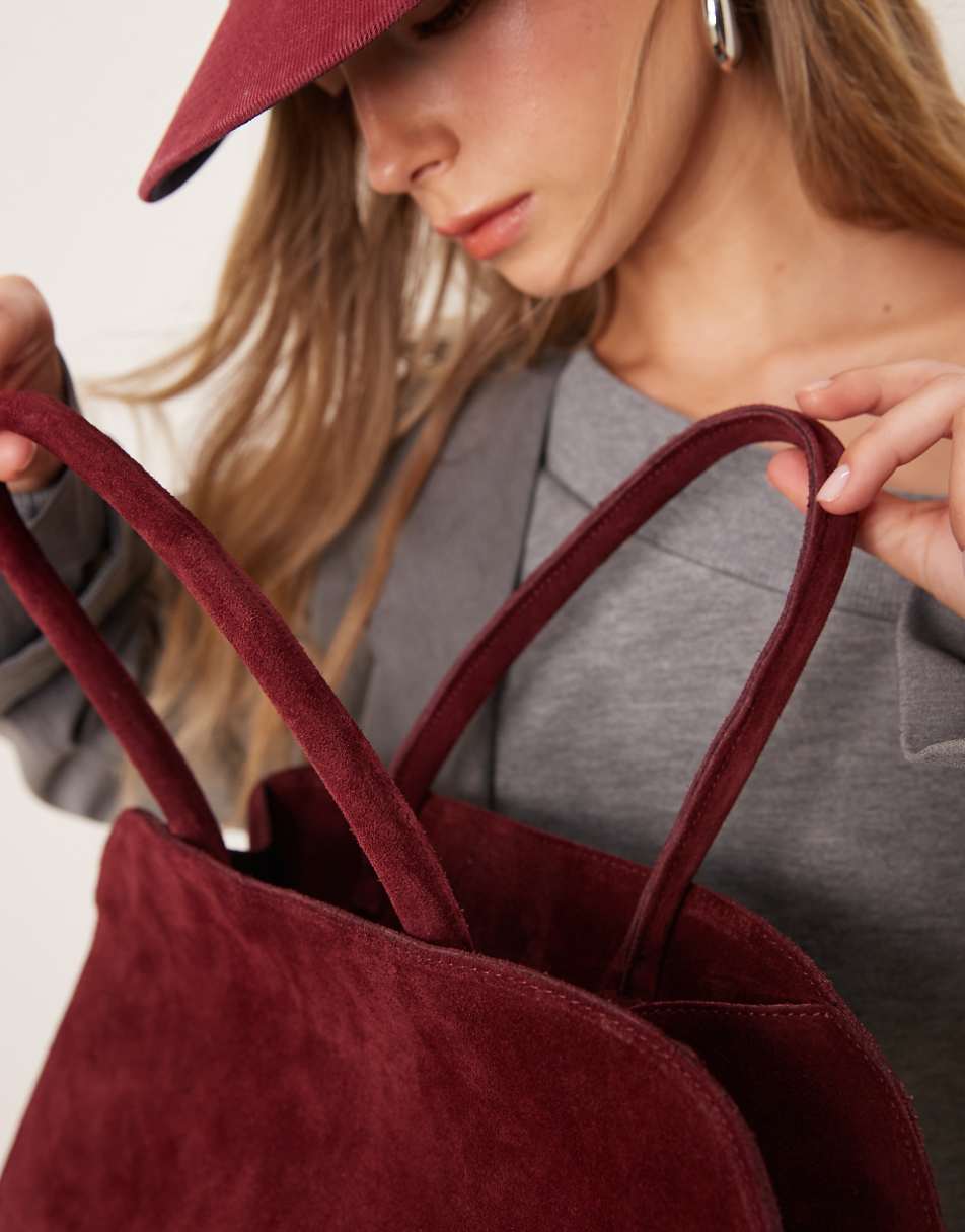 ASOS DESIGN suede bowler tote bag in burgundy