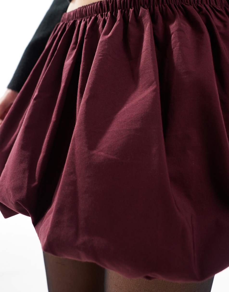 Bershka puffball mini skirt in burgundy