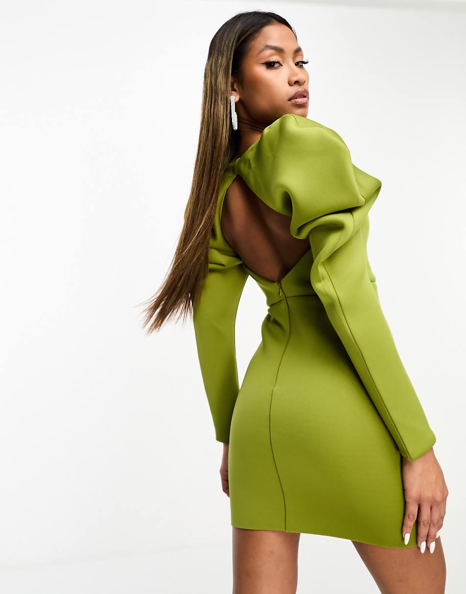 ASOS DESIGN dome sleeve open back mini dress in olive